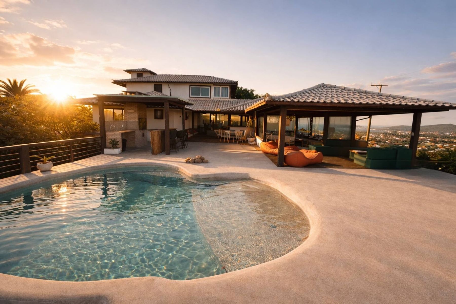 The villa pool at sunset